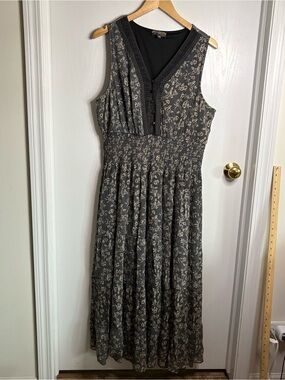 Crinkle Floral Fit’n’Flare Tiered Maxi Dress Lined Sleeveless V-Neck Boho Lace